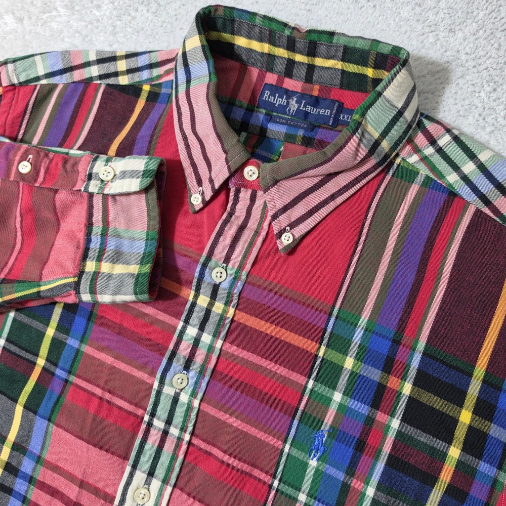 VTG Ralph Lauren Button Down‎ Mens XXL Red Multi Plaid L/S Cotton Pony Logo